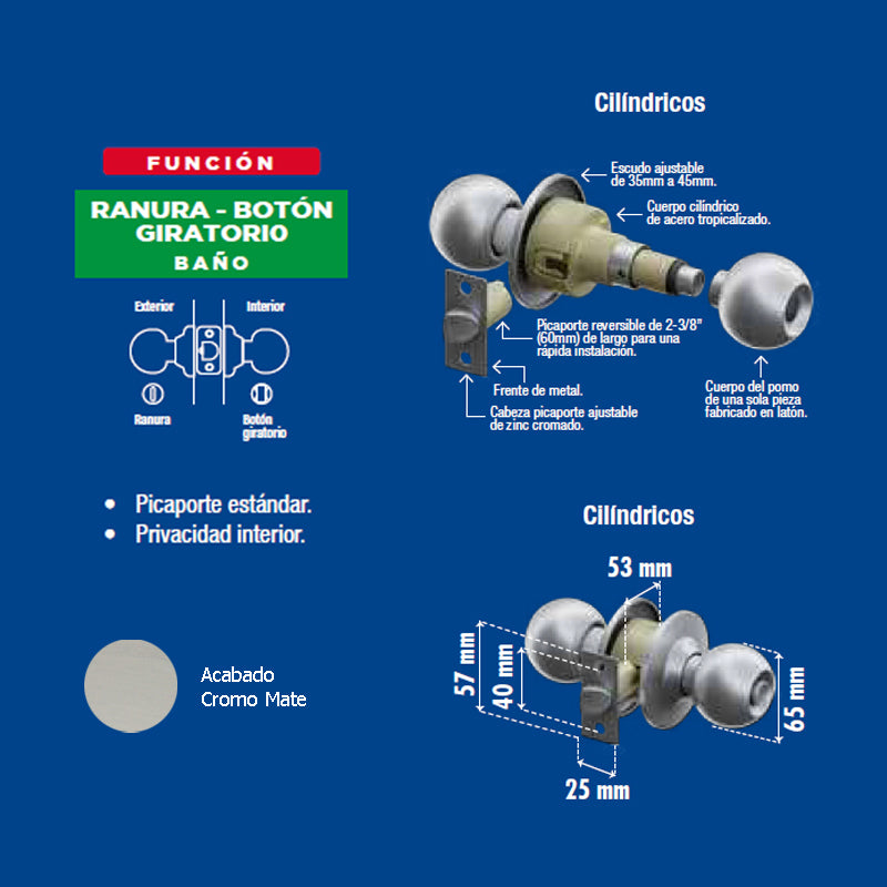 Perilla Yale Ball Baño Cromo Mate Mx80016