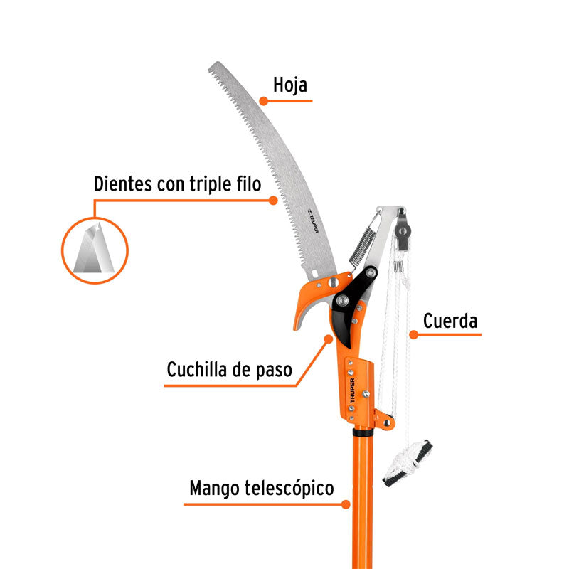 Cortador de ramas altas mango telescópico de 2.4 m aluminio, 18409 Truper TR 82M A