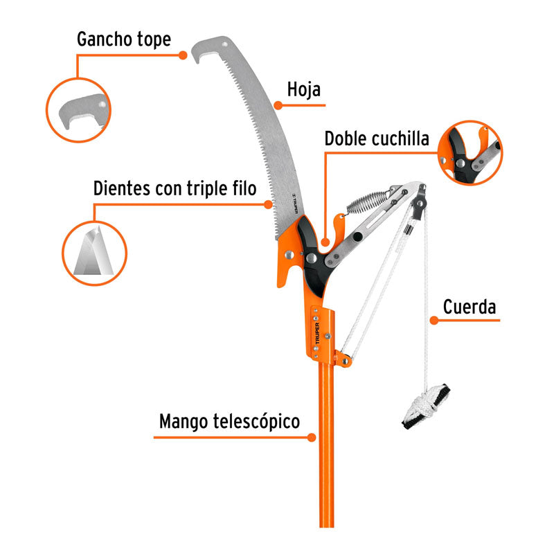 Cortador de ramas altas con mango telescópico de 3.6 m de fibra vidrio, 18410 Truper TR 82M F