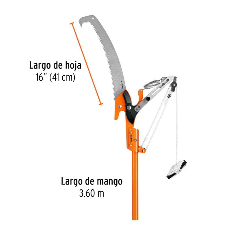 Cortador de ramas altas con mango telescópico de 3.6 m de fibra vidrio, 18410 Truper TR 82M F