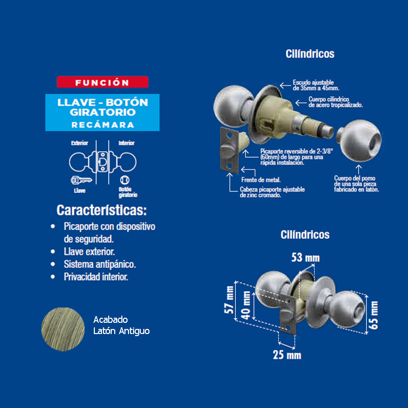 Perilla Yale Ball Recamara Latón Antiguo Mx80034