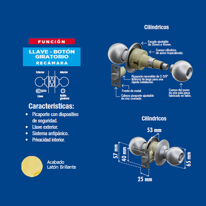 Perilla Yale Ball Recamara Latón Brillante Mx80032