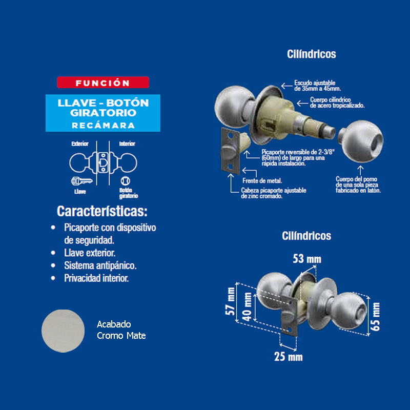 Perilla Yale Ball Recamara Cromo Mate Mx80029