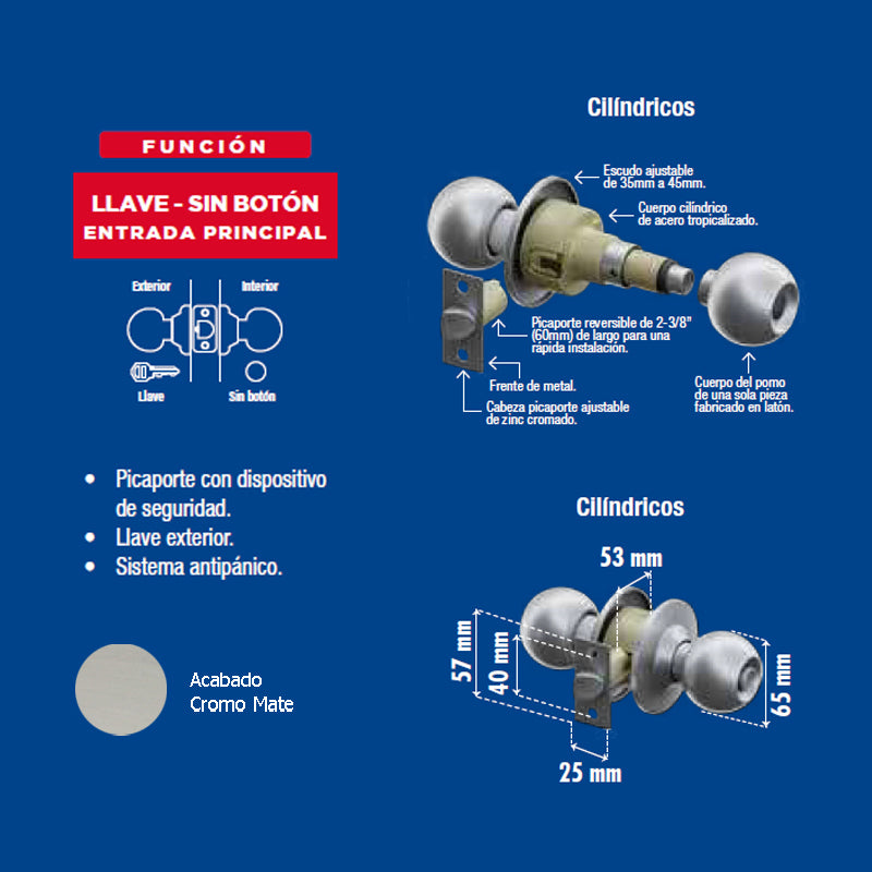 Perilla Yale Ball Entrada Cromo Mate Mx80049