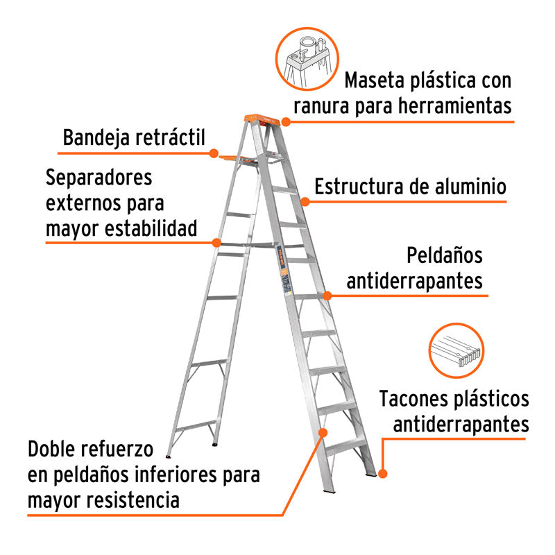 Escalera de tijera tipo II 9 peldaños y bandeja, 10436 Truper EST 29