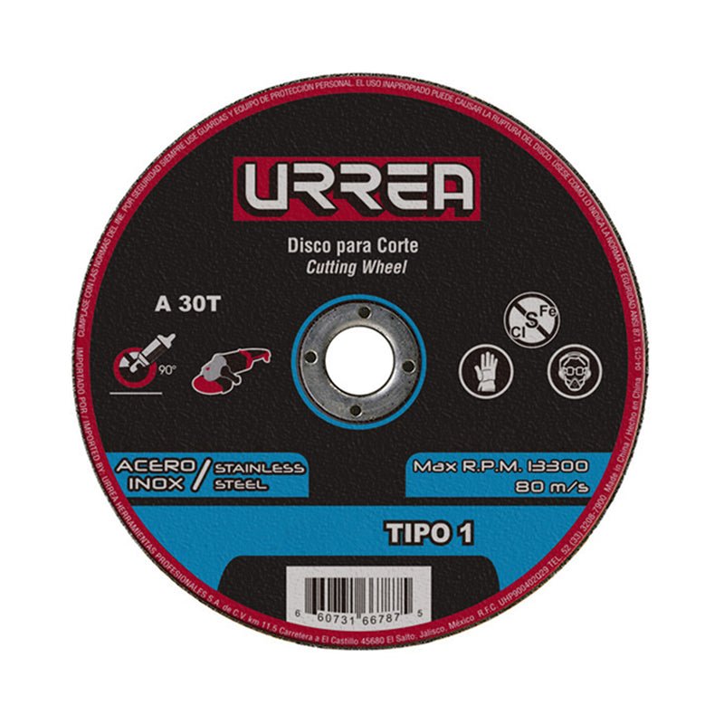 Disco abrasivo tipo 1 para acero inoxidable de 4 1/2" x 1/16", AMSS04A Urrea - Tool Ferreterías / Ferretodo - Herramientas y material de construcción.