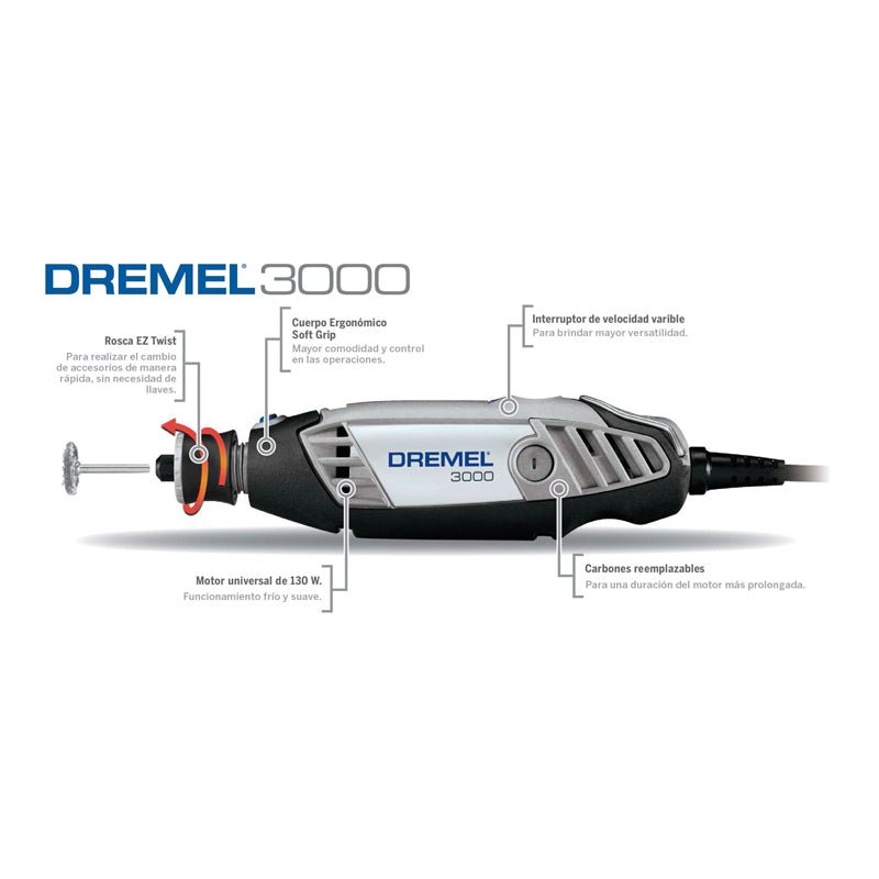 Dremel 3000 Mototool Con 2 Aditamentos Y 30 Accesorios + Maletín - Tool Ferreterías / Ferretodo - Herramientas y material de construcción.