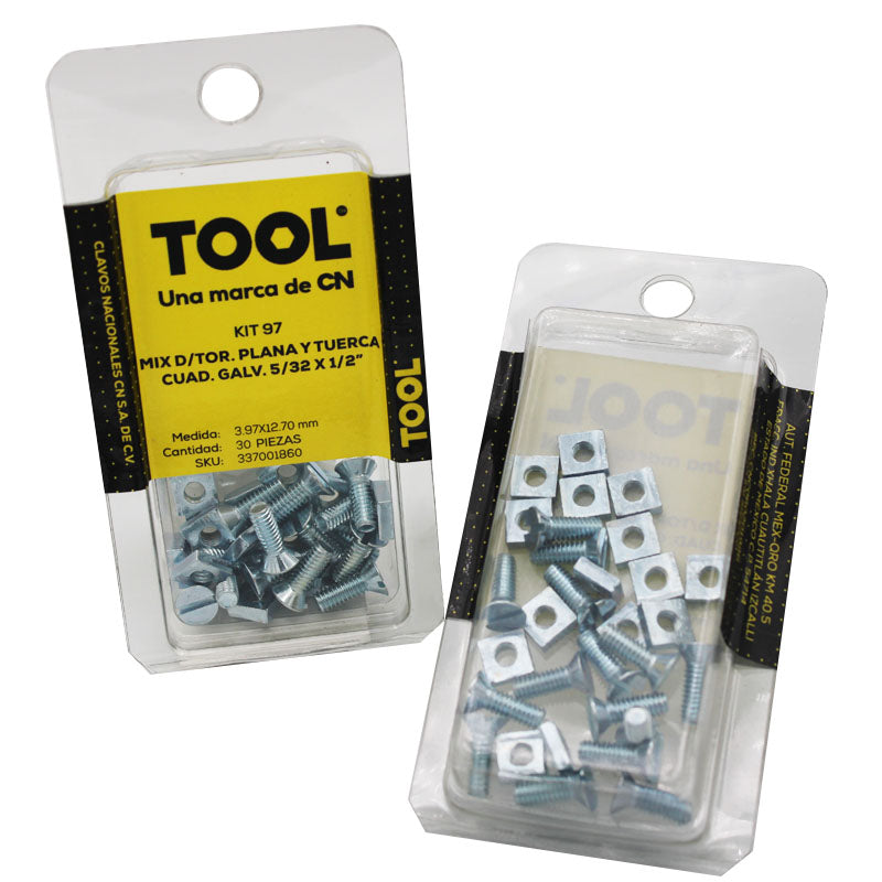 Kit 97 Mix De Tornillería Cabeza Plana Y Tuerca Cuadrada Galvanizada 5/32X1/2" Con 30 Piezas