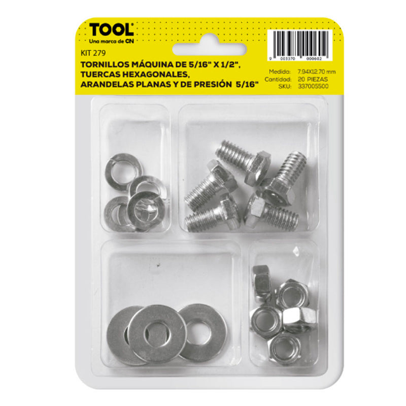 Kit 279 De Tornillo Máquina,Tuerca Hexagonal, Arandela Plana Presión Galvanizado