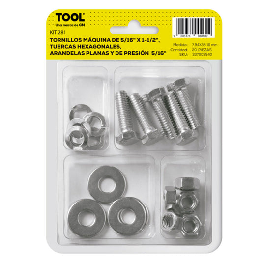 Kit 281 De Tornillo Máquina,Tuerca Hexagonal, Arandela Plana Presión Galvanizado