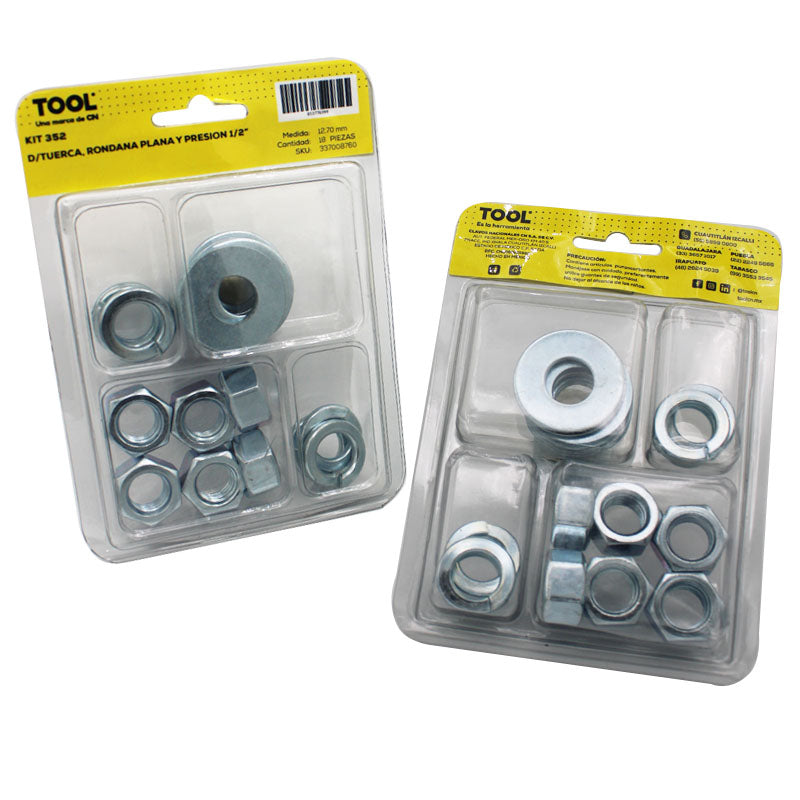 Kit 352 De Tuercarondana Plana Y Presión 1/2" Con 18 Piezas