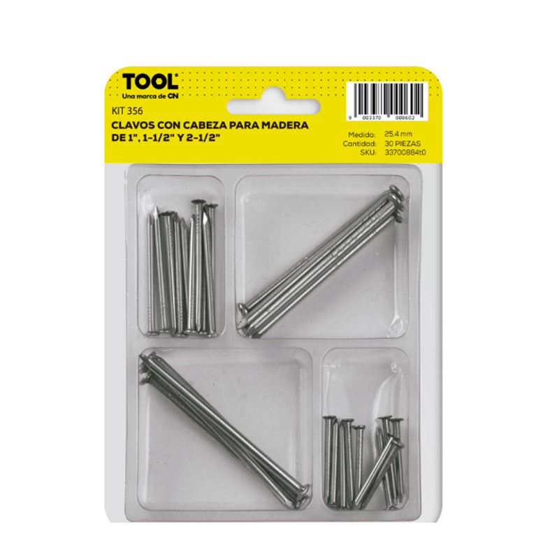 Kit 356 Clavo Con Cabeza De 1",1 1/2" Y 2 1/2" Con 30 Piezas