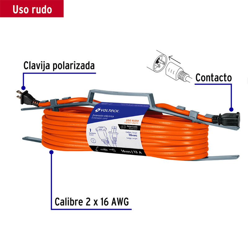 Extensión Eléctrica Uso Rudo 30 M 2X16 Awg Para 1 Clavija, Volteck